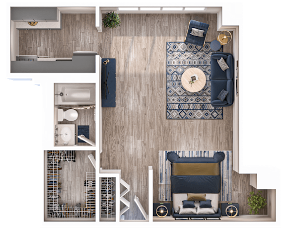 A top-down view of a bedroom with a bed, dresser, and a small bathroom.