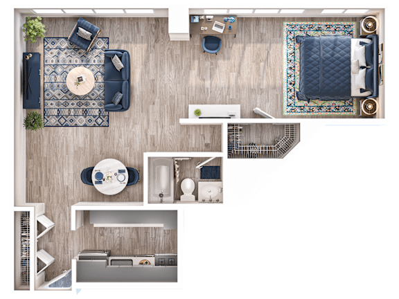A top-down view of a living room with a dining area, kitchen, and bathroom.