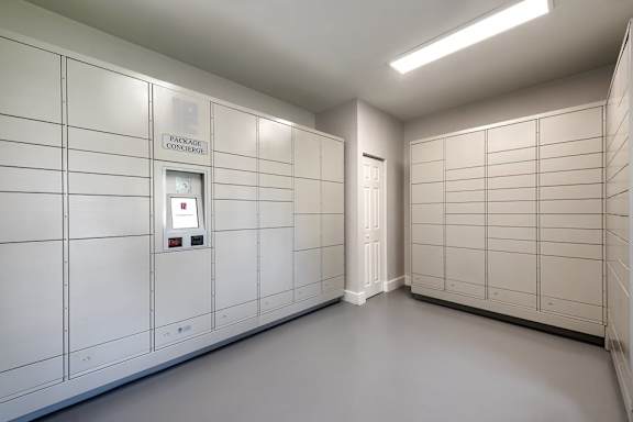 a white room with many white boxes and a door