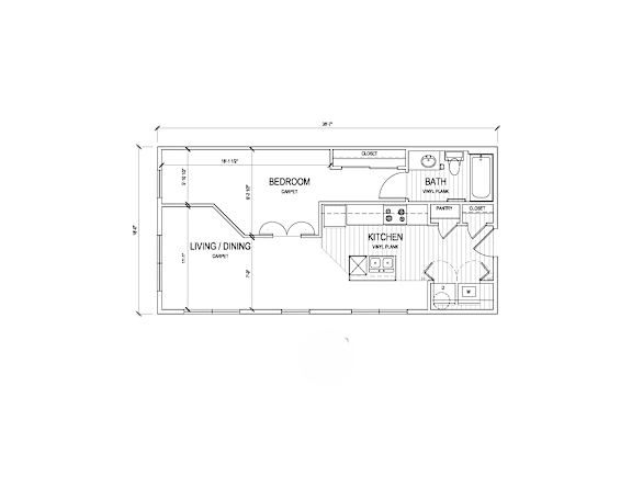 A floor plan of a small apartment with a living room, bedroom, and kitchen.