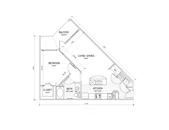 A floor plan of a house with a bedroom, living room, kitchen, bathroom, and closet.