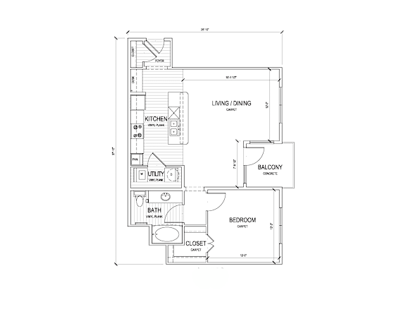 A floor plan of a house with a living room, dining room, kitchen, bathroom, bedroom, and balcony.