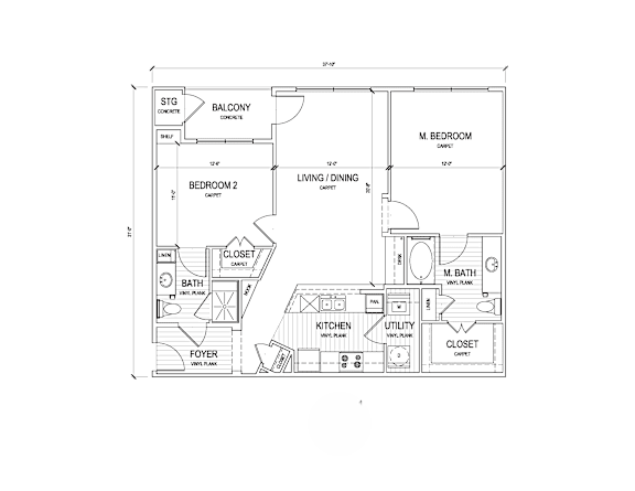 A floor plan of a house with a living room, two bedrooms, a bathroom, a kitchen, a closet, and a foyer.