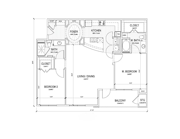 A floor plan of a house with a living room, two bedrooms, a bathroom, a kitchen, a closet, and a foyer.