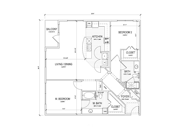 A floor plan of a house with two bedrooms, a living room, a kitchen, a bathroom, and a closet.