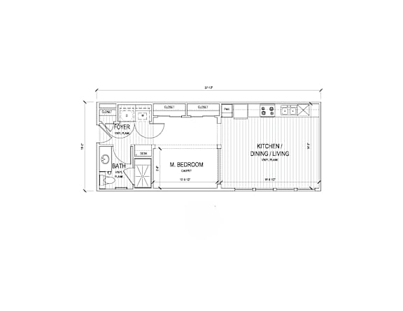 A floor plan of a house with a kitchen, dining and living room.