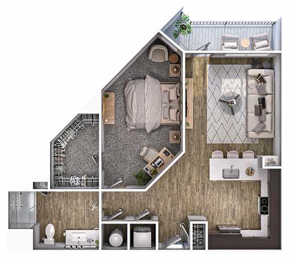A top-down view of a house layout with a living room, kitchen, and bathroom.