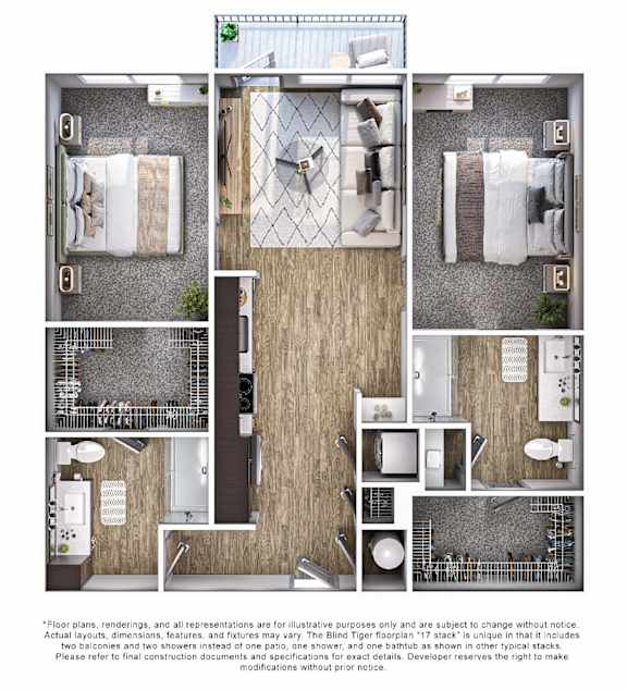 A floor plan of a small apartment with a kitchen, living room, and two bedrooms.