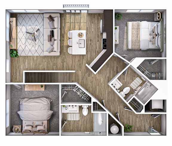 A top-down view of a small apartment with a bedroom, living room, and kitchen.