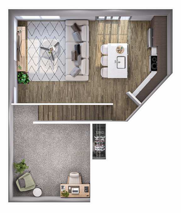 A top-down view of a small apartment with a kitchen, living room, and bathroom.
