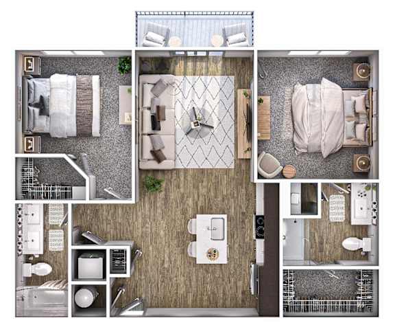 A top-down view of a small apartment layout with a kitchen, living room, and bathroom.
