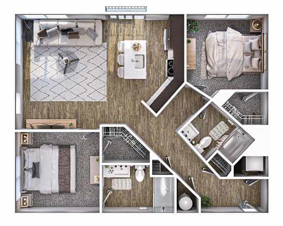 A top-down view of a room layout with a kitchen, living room, and bathroom.