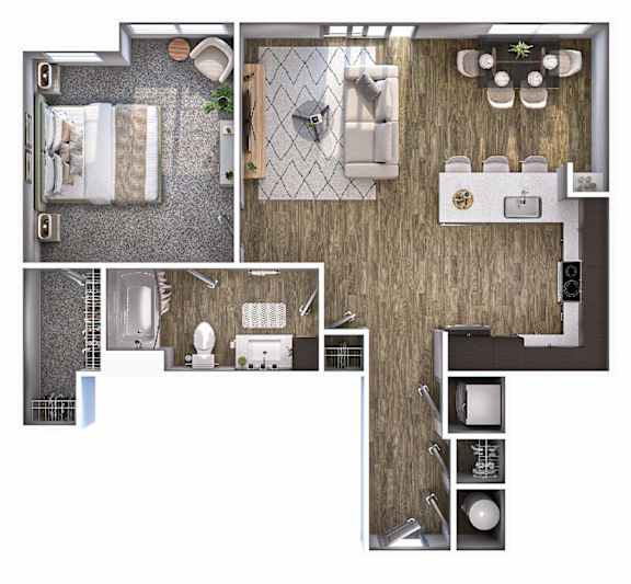 A floor plan of a small apartment with a kitchen, living room, and bathroom.