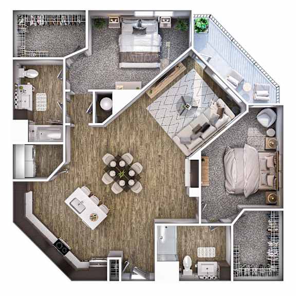 A top-down view of a house layout with a central living area, bedrooms, a kitchen, and a bathroom.