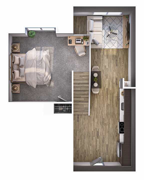 A top-down view of a modern bedroom with a bed, nightstand, and a small kitchenette.