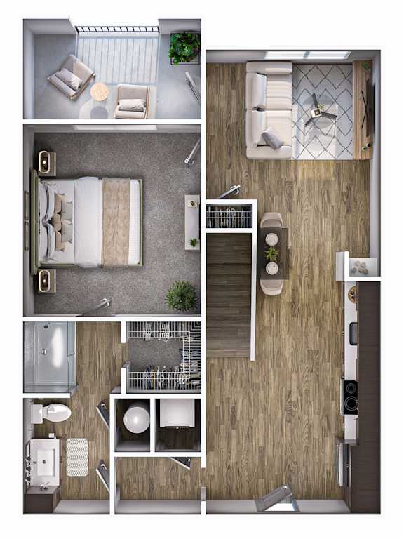 A floor plan of a small apartment with a kitchen, living room, and bathroom.