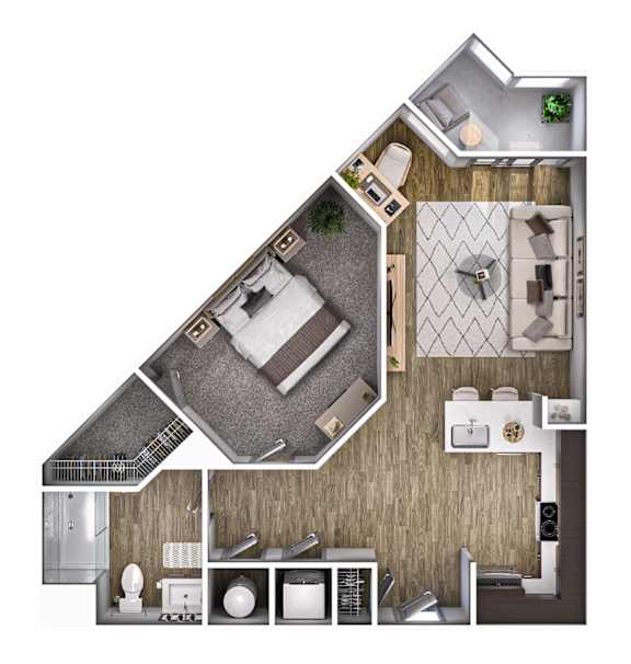 A top-down view of a house layout with a kitchen, living room, and bathroom.