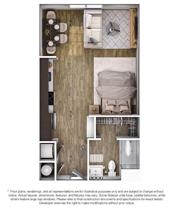 A floor plan of a small apartment with a kitchen, living room, and bathroom.