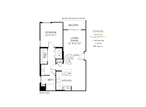 Evolve floor plan 1b one bedroom layout at 360 Luxury Apartments, San Diego, 92122