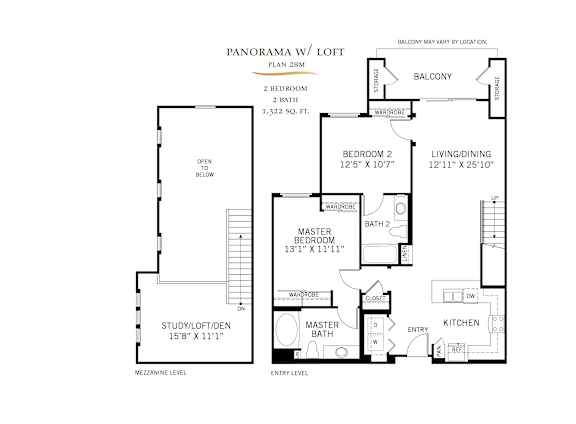 Panorama with loft floor plan 2bm two bedroom layout at 360 Luxury Apartments, San Diego, CA 92122