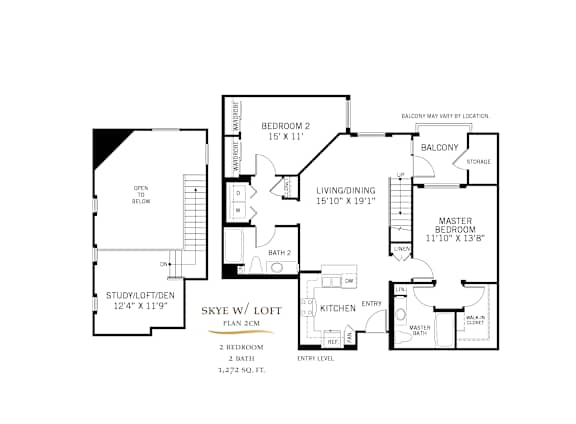Skye with loft floor plan 2cm two bedroom layout at 360 Luxury Apartments, San Diego, CA