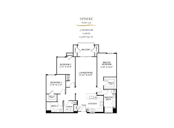 Sphere floor plan 3a three bedroom layout at 360 Luxury Apartments, California