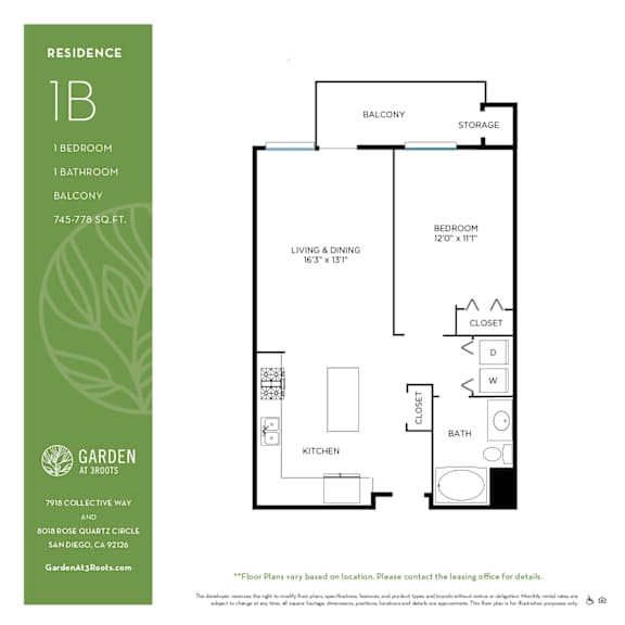 1 bed 1 bath floorplan with balcony at Garden at 3Roots Apartments, San Diego, CA 92126