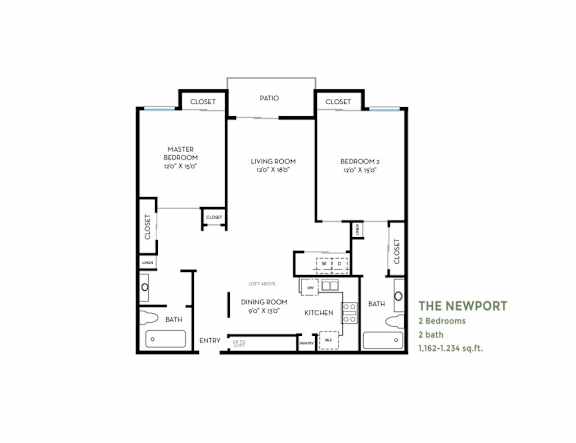 The newport two bedroom floor plan at Costa Verde Village Apartments, San Diego, CA
