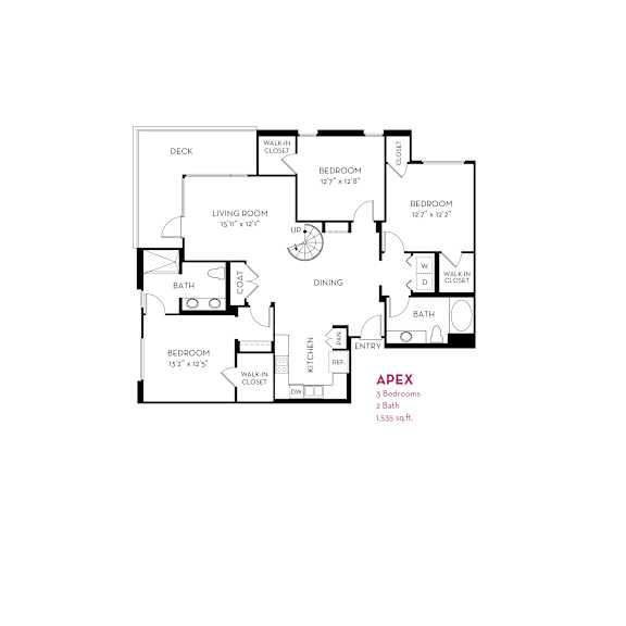 Apex floor plan with three bedrooms and two baths at Metropolis Apartments, IRVINE