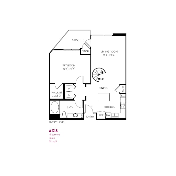 Axis floor plan with one bedroom and one bath at Metropolis Apartments, California