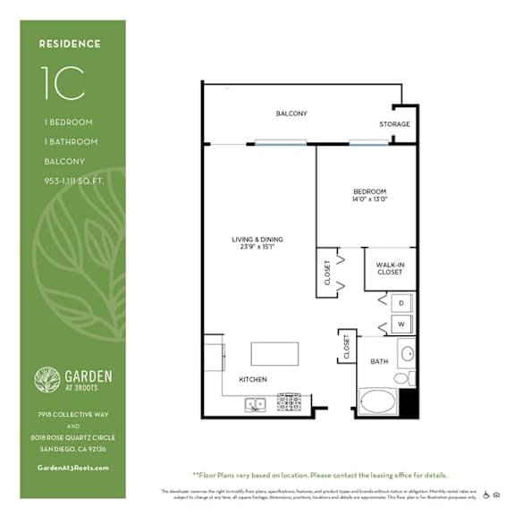 1 bedroom 1 bathroom floorplan with balcony and walk-in closet at Garden at 3Roots Apartments, San Diego, California