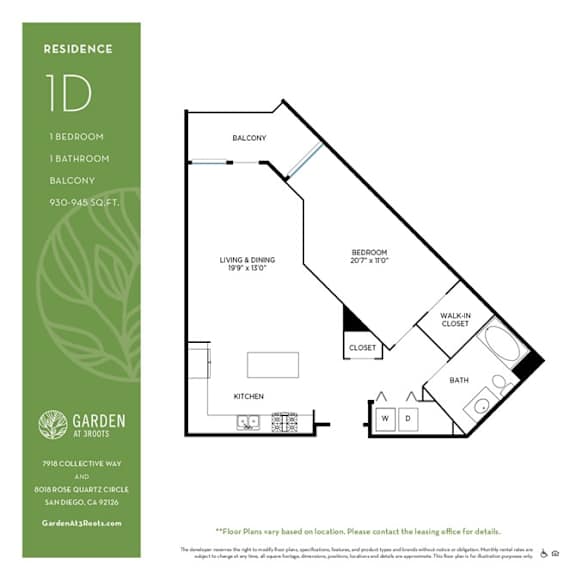 One bed one bath floorplan with balcony and walk-in closet at Garden at 3Roots Apartments, San Diego