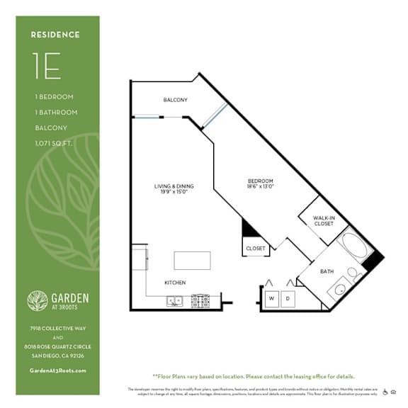 One bedroom one bath floorplan with balcony and walk-in closet at Garden at 3Roots Apartments, California
