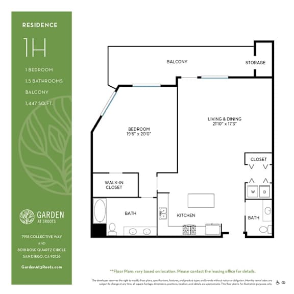 One bedroom one bathroom floorplan with balcony and walk-in closet at Garden at 3Roots Apartments, San Diego, CA 92126