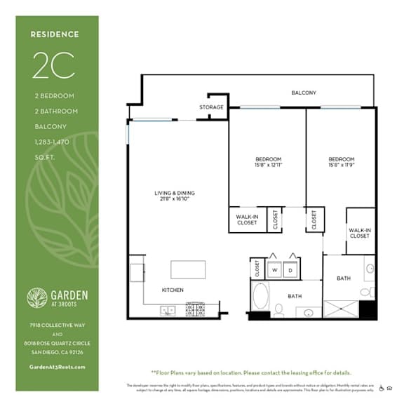 Two bedroom 2 bath floorplan with balcony at Garden at 3Roots Apartments, San Diego, 92126