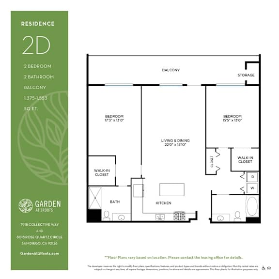 Two bed two bathroom floorplan with balcony at Garden at 3Roots Apartments, San Diego, California