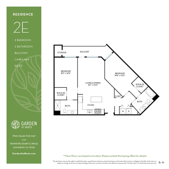 2 bedroom two bathroom floorplan with balcony and walk-in closet at Garden at 3Roots Apartments, San Diego