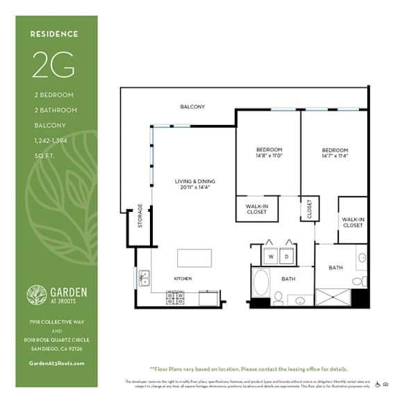 Two bedroom 2 bath floorplan with walk-in closet at Garden at 3Roots Apartments, California, 92126