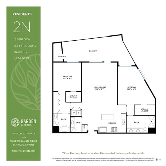 Two bedroom 25 bathroom floorplan with balcony at Garden at 3Roots Apartments, San Diego, CA