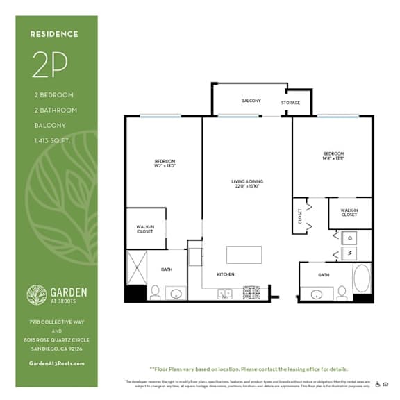 2 bed 2 bath floorplan with walk-in closet at Garden at 3Roots Apartments, San Diego, 92126