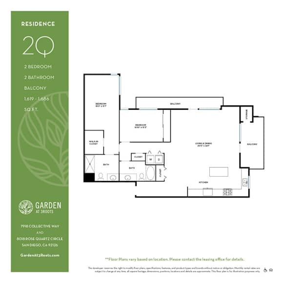 2 bedroom 2 bath floorplan with balcony and walk-in closet at Garden at 3Roots Apartments, San Diego, California