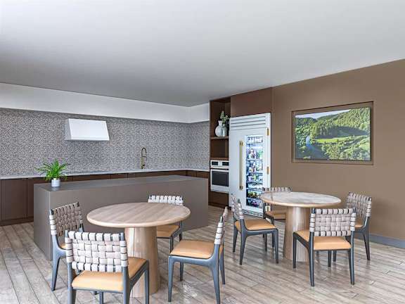 Community dining area with open kitchen at Garden at 3Roots Apartments, California, 92126