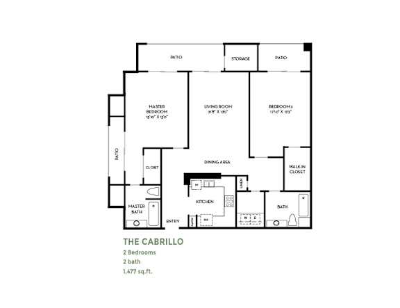 The cabrillo two bedroom floor plan layout at Costa Verde Village Apartments, California, 92122