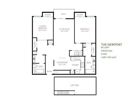 A floor plan of a two bedroom apartment with a living room and a dining room.