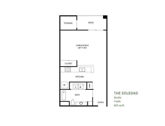 The soledad studio floor plan 620 square feet at Costa Verde Village Apartments, San Diego