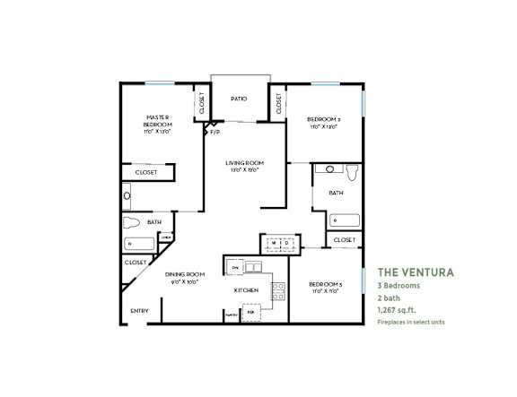 The ventura three bedroom floor plan layout at Costa Verde Village Apartments, California, 92122