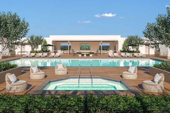 Pool Surrounded by Chairs at Casa Mira View Apartments, San Diego, CA, 92126