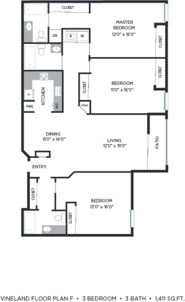 3 Bedroom Floorplan at Vineland Gardens, California, 91602