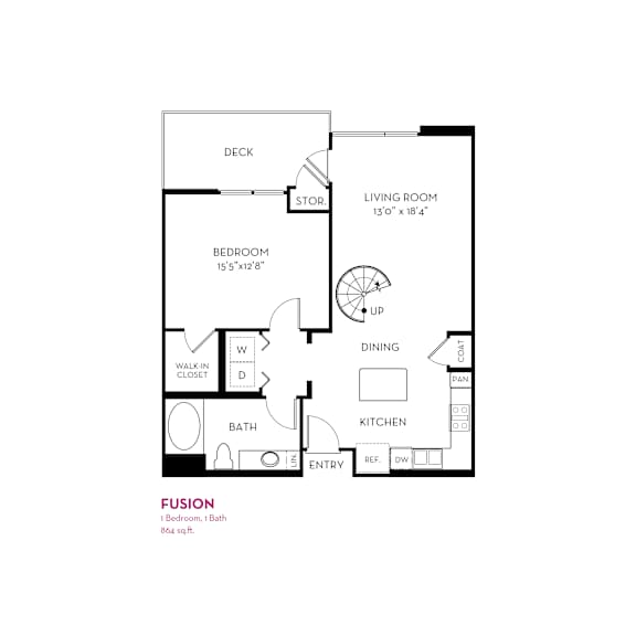 Fusion floor plan with one bedroom and one bath at Metropolis Apartments, IRVINE, CA