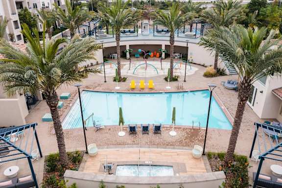 A pool surrounded by palm trees and a hot tub.